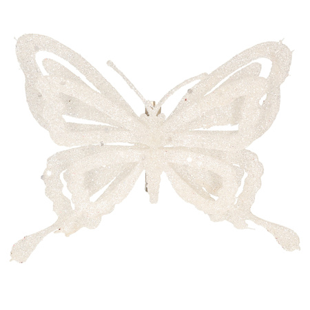 1x pcs decoration butterflies on clips glitter white 14 cm