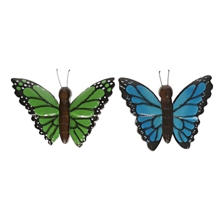 2x Wooden magnet butterfly green and blue