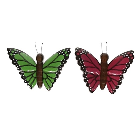 2 stuks Houten koelkast magneetjes in de vorm van een groene en roze vlinder