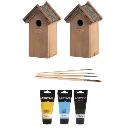 2x Wooden birdhouses 22 cm with 3x tubes of paint black/yellow/blue