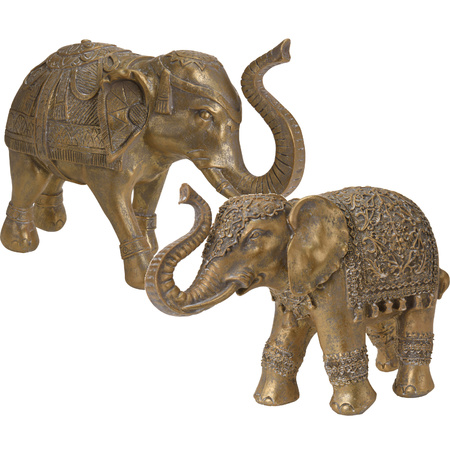 2x Elephants animal gardenstatues sitting goud 27 and 36 cm
