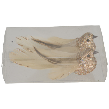 2x decoration birds on clips glitter champagne 11 cm