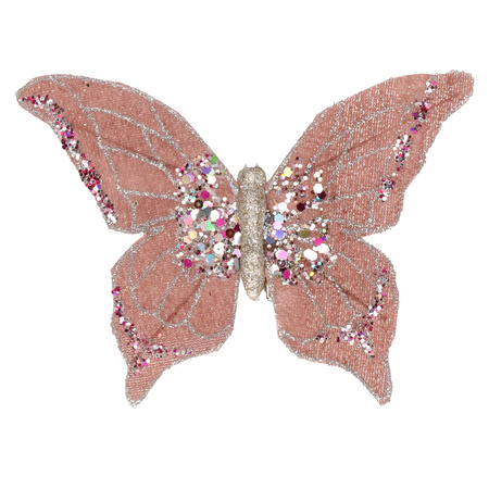 2x stuks kunststof decoratie vlinders op clip roze 10 x 15 cm