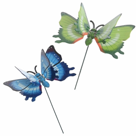 2x stuks Metalen deco vlinders blauw en groen van 17 x 60 cm op tuinstekers