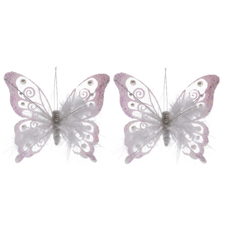 2x White decoration butterflies on clip 15 cm