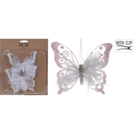 2x White decoration butterflies on clip 15 cm