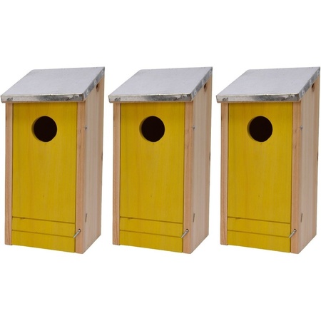 3x Wooden nesting bird houses with yellow front 19 cm