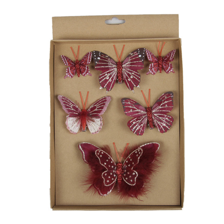 6x stuks decoratie vlinders op clip donkerrood 5, 8 en 12 cm