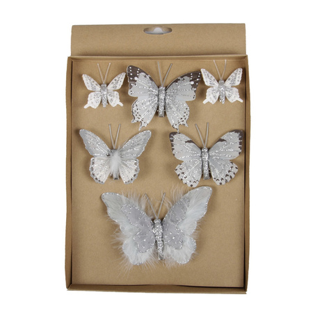 6x stuks Kerstversiering vlinders op clip grijs 5, 8, 12 cm