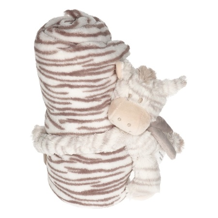 Wit/beige dierenprint deken 100 x 75 cm met klittenband zebra knuffel