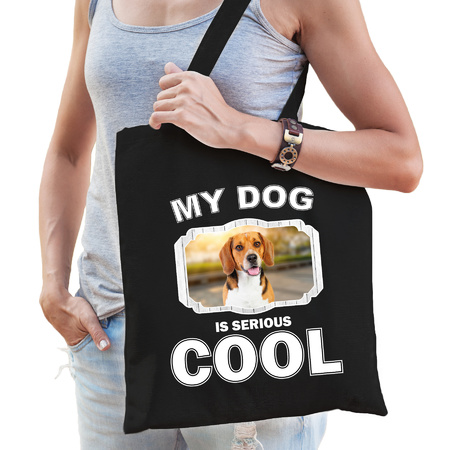 Katoenen tasje my dog is serious cool zwart - Beagle honden cadeau tas