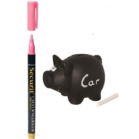 Chalkboard piggy bank 16 cm with pink chalk pen