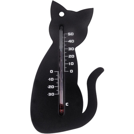 Binnen/buiten thermometer zwarte kat/poes 15 cm