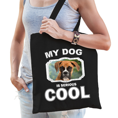 Katoenen tasje my dog is serious cool zwart - Boxer honden cadeau tas
