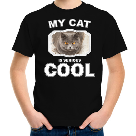 Katten liefhebber shirt Britse korthaar my cat is serious cool zwart voor kinderen