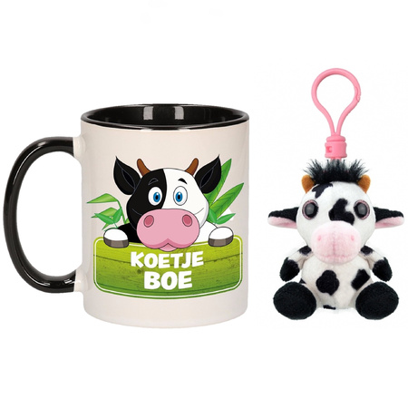 Gift set for kids - Cow keychain soft toy 9 cm and drink mug cow print 300 ml