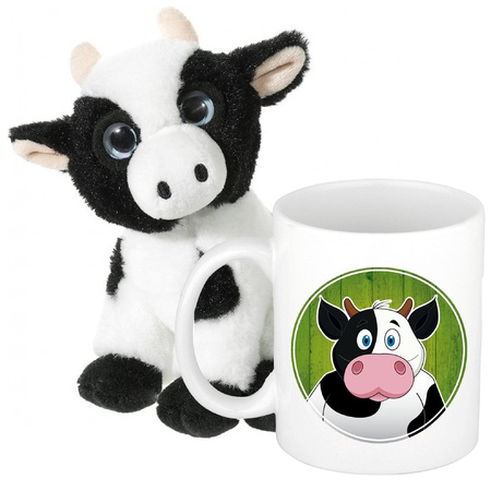 Gift set for kids - Cow soft toy 14 cm and drink mug cow print