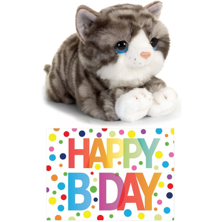 Plush grey cat cuddle toy 32 cm with Happy Birthday card