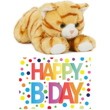 Plush red/white cat cuddle toy 25 cm with Happy Birthday card