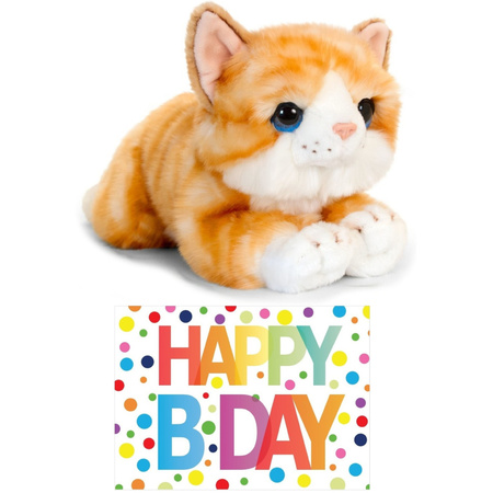 Plush red/white cat cuddle toy 32 cm with Happy Birthday card