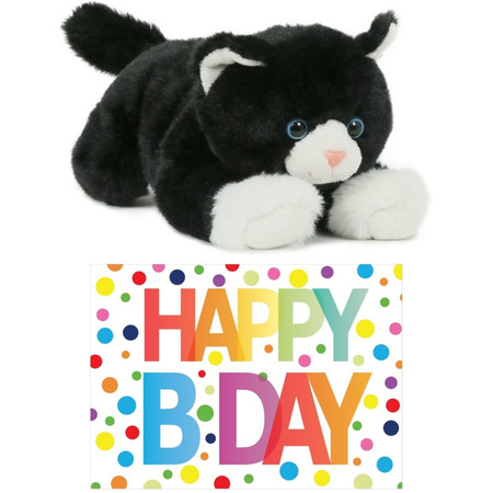 Cadeau setje pluche zwart/witte kat/poes knuffel 25 cm met Happy Birthday wenskaart