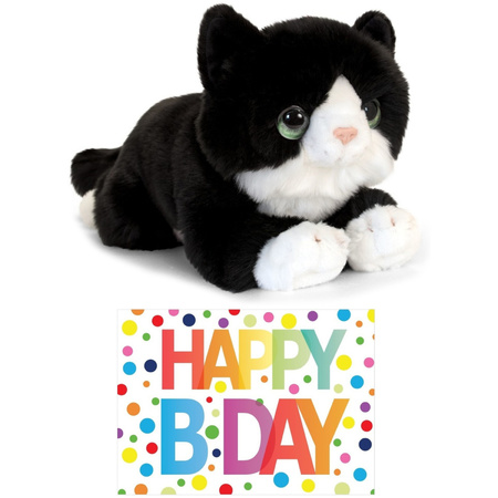 Plush black/white cat cuddle toy 32 cm with Happy Birthday card