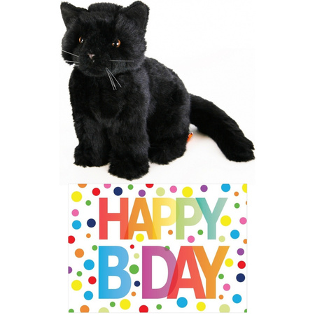 Plush black cat cuddle toy 20 cm with Happy Birthday card