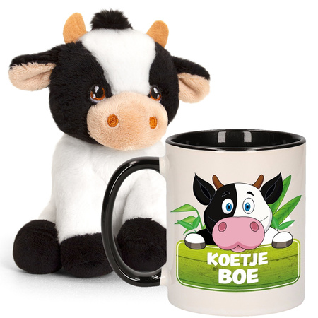 Gift set for kids - Cow soft toy 12 cm and drink mug cow print