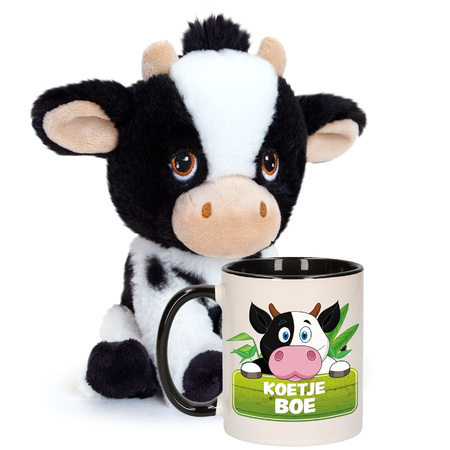 Gift set for kids - Cow soft toy 18 cm and drink mug cow print