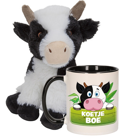 Gift set for kids - Cow soft toy 19 cm and drink mug cow print