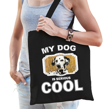 Katoenen tasje my dog is serious cool zwart - Dalmatier honden cadeau tas