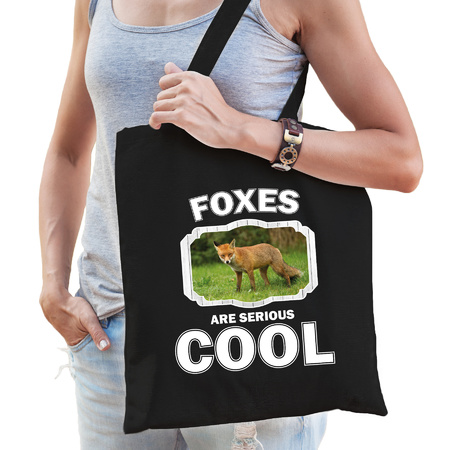 Katoenen tasje foxes are serious cool zwart - vossen/ bruine vos cadeau tas