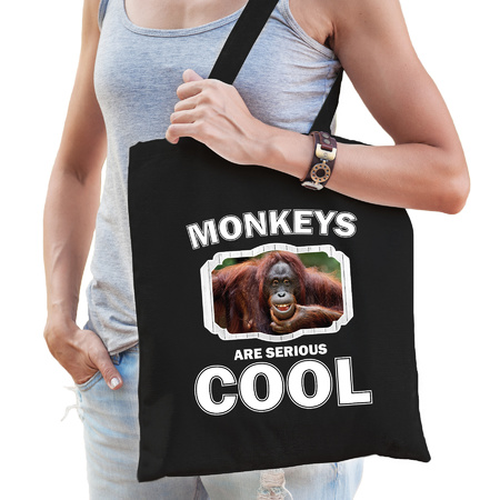 Katoenen tasje monkeys are serious cool zwart - apen/ gekke orangoetan  cadeau tas
