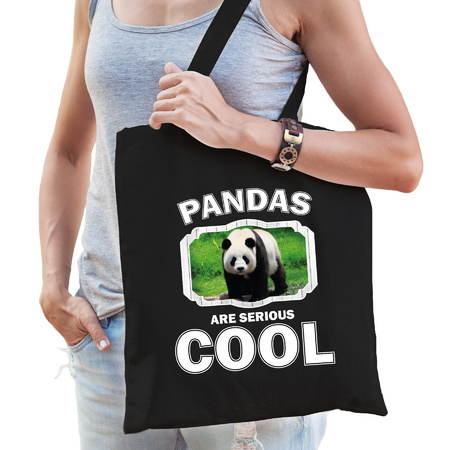 Katoenen tasje pandas are serious cool zwart - pandaberen/ grote panda cadeau tas