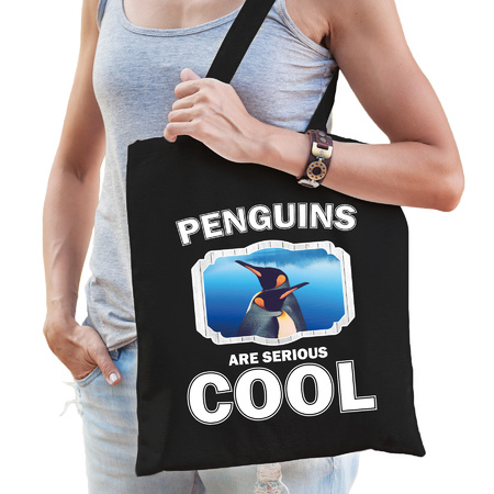 Katoenen tasje penguins are serious cool zwart - pinguins/ pinguin cadeau tas