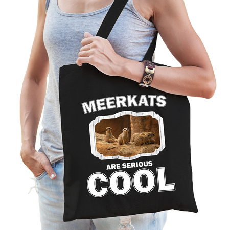 Katoenen tasje meerkats are serious cool zwart - stokstaartjes/ stokstaartje cadeau tas