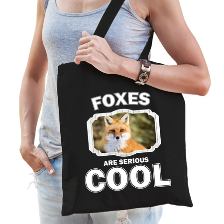 Katoenen tasje foxes are serious cool zwart - vossen/ vos cadeau tas