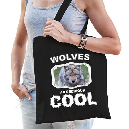 Katoenen tasje wolves are serious cool zwart - wolven/ wolf cadeau tas