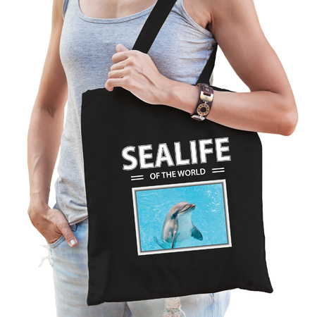 Katoenen tasje dolfijnen zwart - sealife of the world dolfijn cadeau tas