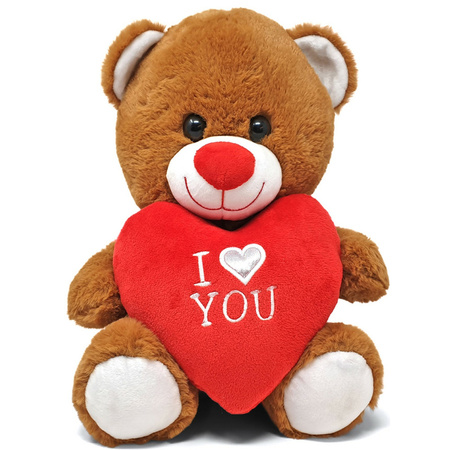 Dark brown plush bear with red heart 20 cm