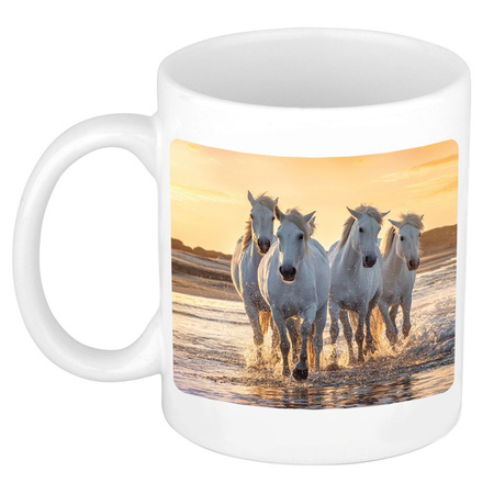 Trotting white horses on beach mug / cup white 300 ml