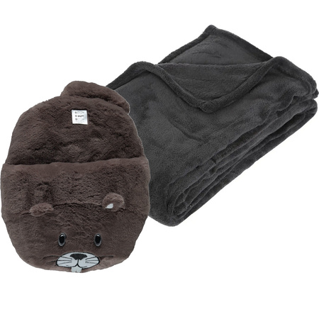 Fleece blanket darkgrey 125 x 150 cm with feetwarmer one size foot slipper of a beaver head