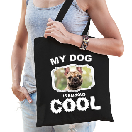 Katoenen tasje my dog is serious cool zwart - Franse bulldog honden cadeau tas