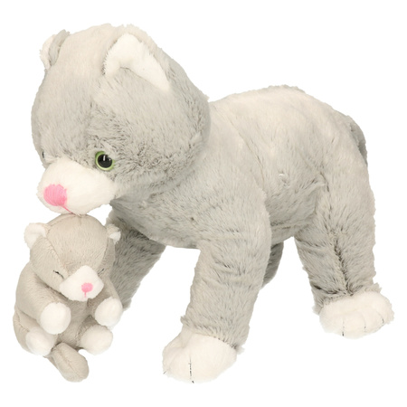 Gray plush mother cat with baby 32 cm