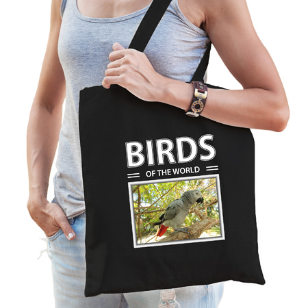 Katoenen tasje Papegaaien zwart - birds of the world Grijze roodstaart papegaai cadeau tas