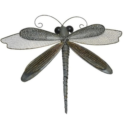 Grijs/bruine metalen tuindecoratie set vlinder / libelle hangdecoratie 34 en 45 cm