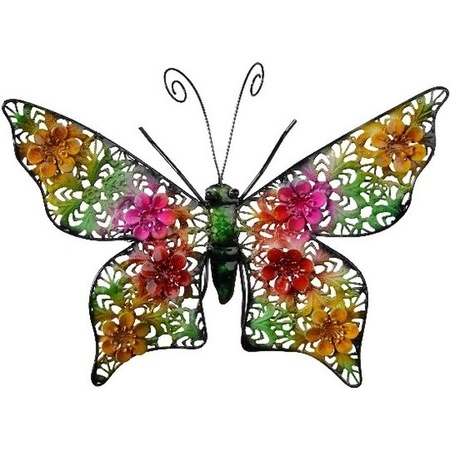 Gekleurde metalen tuindecoratie vlinder hangdecoratie 30 x 22 cm cm