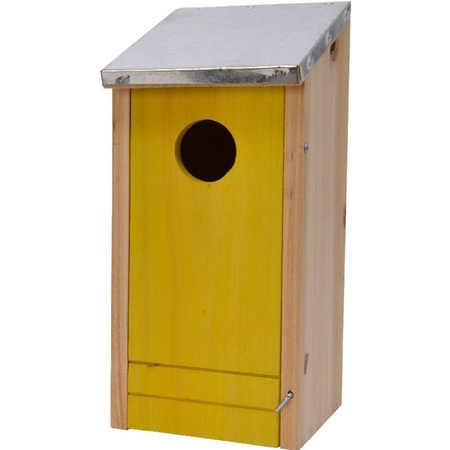 Set van een geel en groen vogelhuisje voor kleine vogels 26 cm