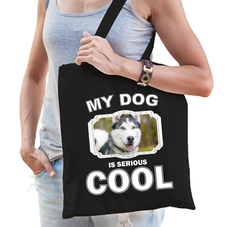 Katoenen tasje my dog is serious cool zwart - Husky honden cadeau tas