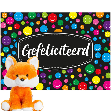 Keel Toys oranje pluche Vos knuffel 14 cm met Gefeliciteerd A5 wenskaart
